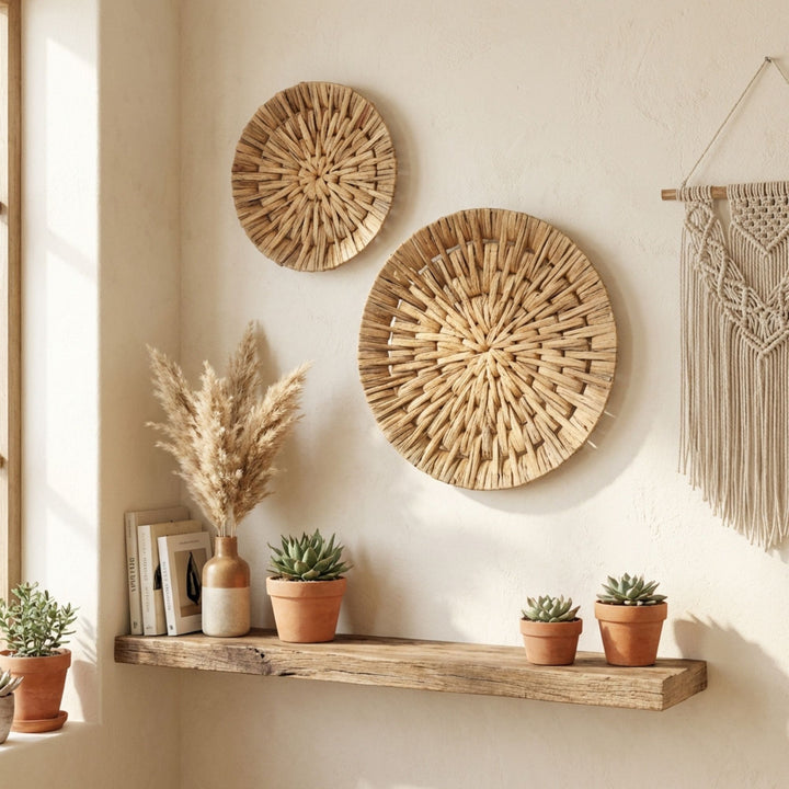 Decorative Corralejo wall deco plate with woven circular designs and potted plants on a wooden shelf.