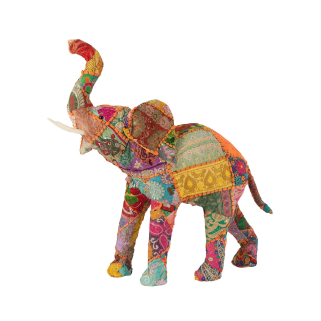 Side view of Cotton Patches Elephant showing detailed textile patterns and handcrafted form.
