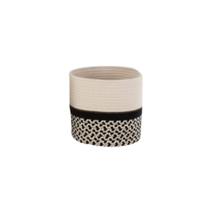 Small Cotto basket in neutral fabric with black geometric pattern