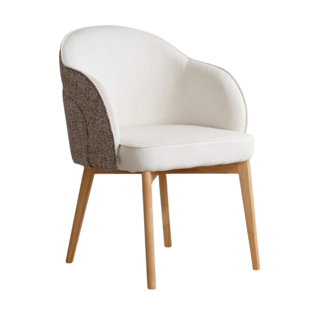 Cove dining chair with upholstered ivory seat and wooden legs.