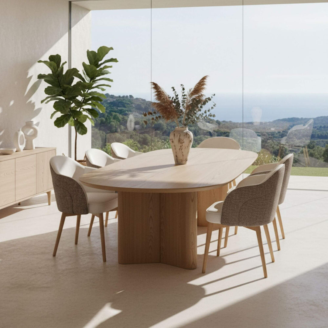 Cove dining chair in modern living room with microcement flooring