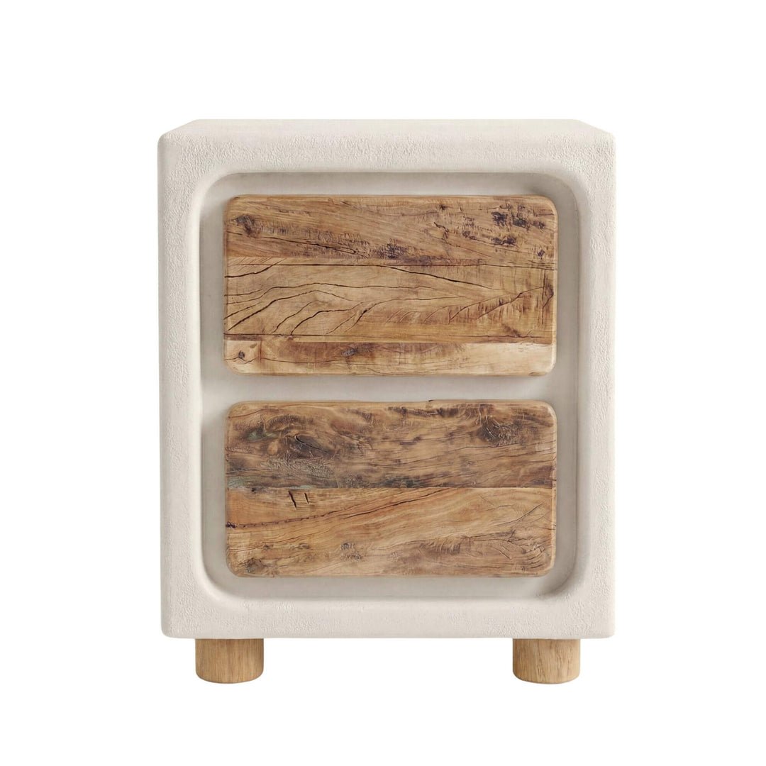Front view of the Creta bedside table showing its cement frame and two recycled wood drawers.
