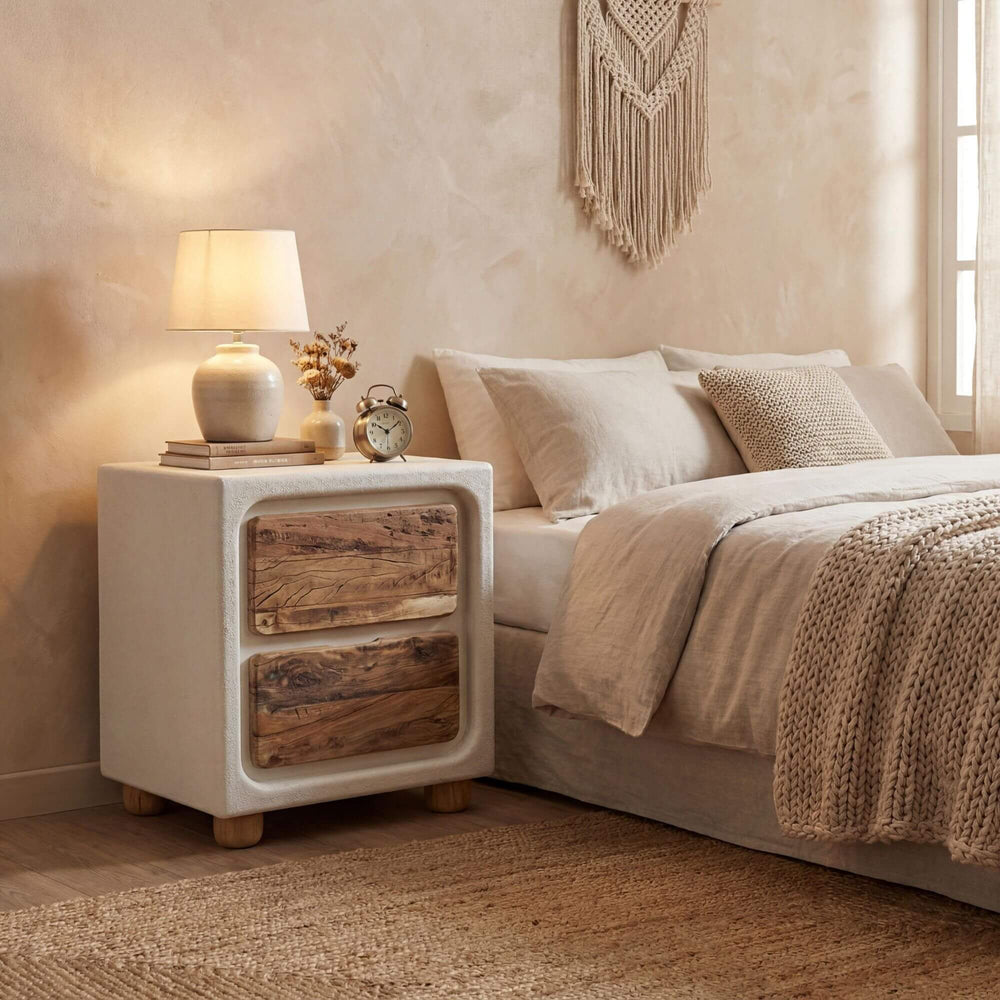 Styled bedroom setting featuring the Creta bedside table beside a bed in a warm Mediterranean-inspired interior.