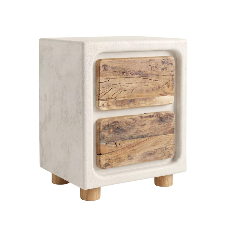 Front angled view of the bedside table highlighting its rounded shape and reclaimed wood drawer fronts.