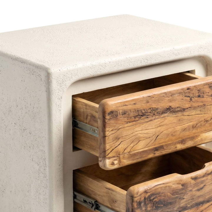 Close-up of the open drawers showing the interior storage space and recycled wood texture.