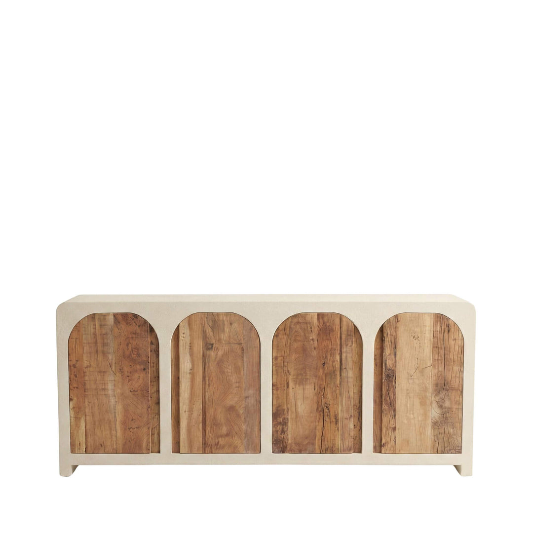 Front view of the Creta buffet showing its cement frame and four arched recycled wood doors.