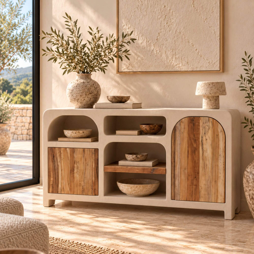 Creta cement and recycled wood buffet styled with ceramics in a warm Mediterranean-inspired interior