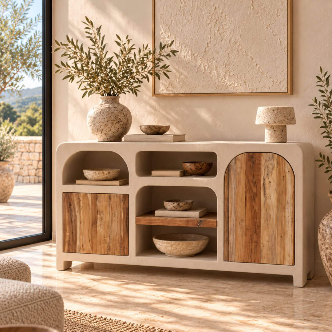 Creta cement and recycled wood buffet styled with ceramics in a warm Mediterranean-inspired interior