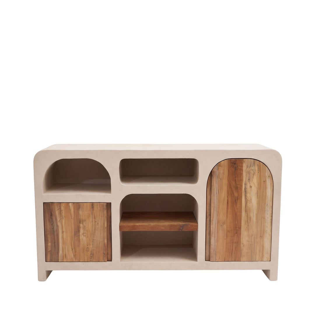 Front view of the Creta buffet showing its arched shelving, central open storage, and natural recycled wood doors