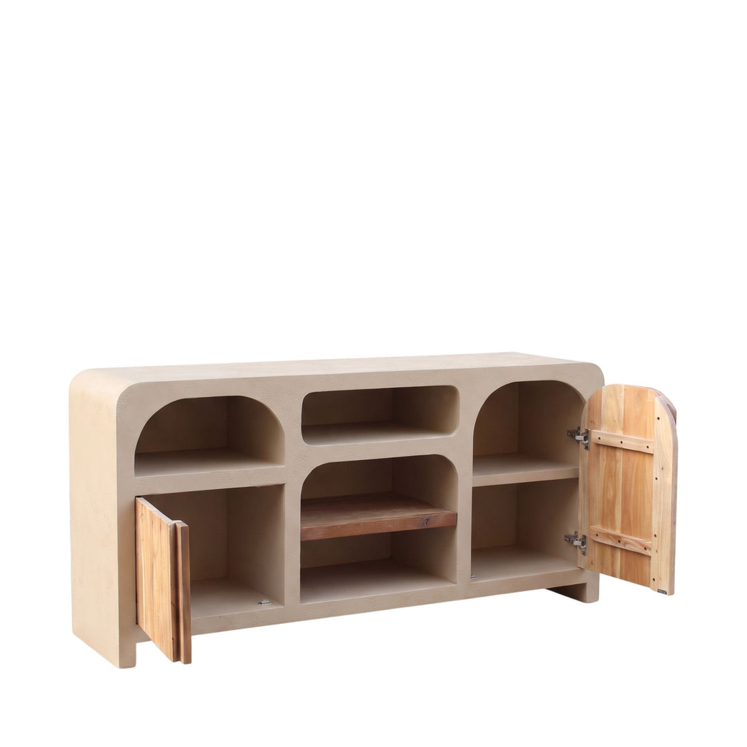 1. Creta buffet with both wooden doors open revealing interior storage compartments and open central shelving
