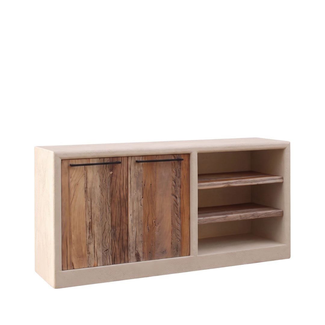 Front view of the Creta buffet with a warm beige cement structure, recycled wood doors, and open shelving