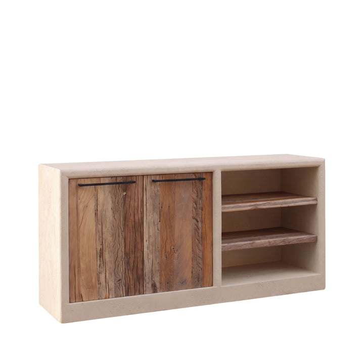 Front view of the Creta buffet with a warm beige cement structure, recycled wood doors, and open shelving