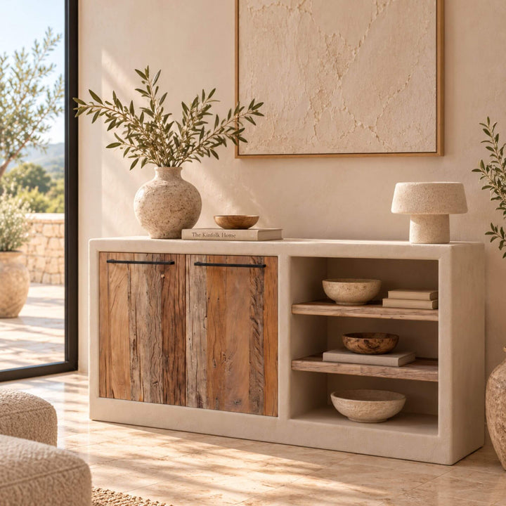Creta cement and recycled wood buffet styled in a warm Mediterranean-inspired interior with ceramics and natural decor