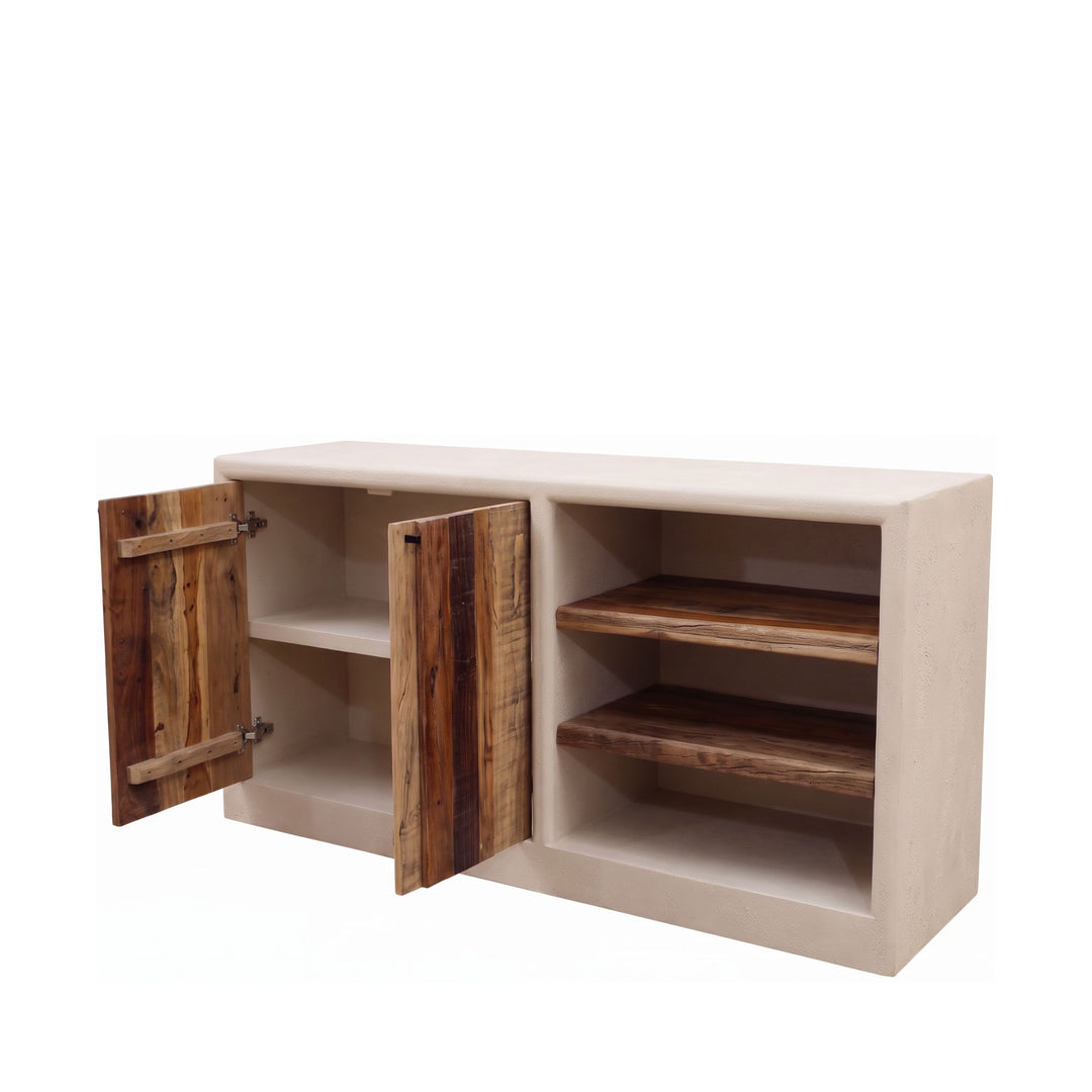 1. Creta buffet with wooden doors open revealing interior storage and open side shelves
