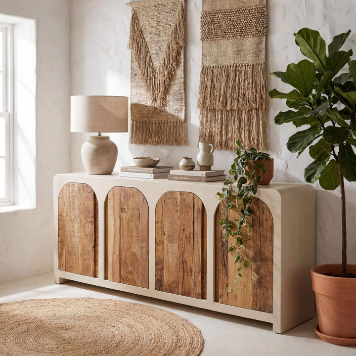 Styled interior setting featuring the Creta buffet in a warm Mediterranean-inspired space with natural decor.
