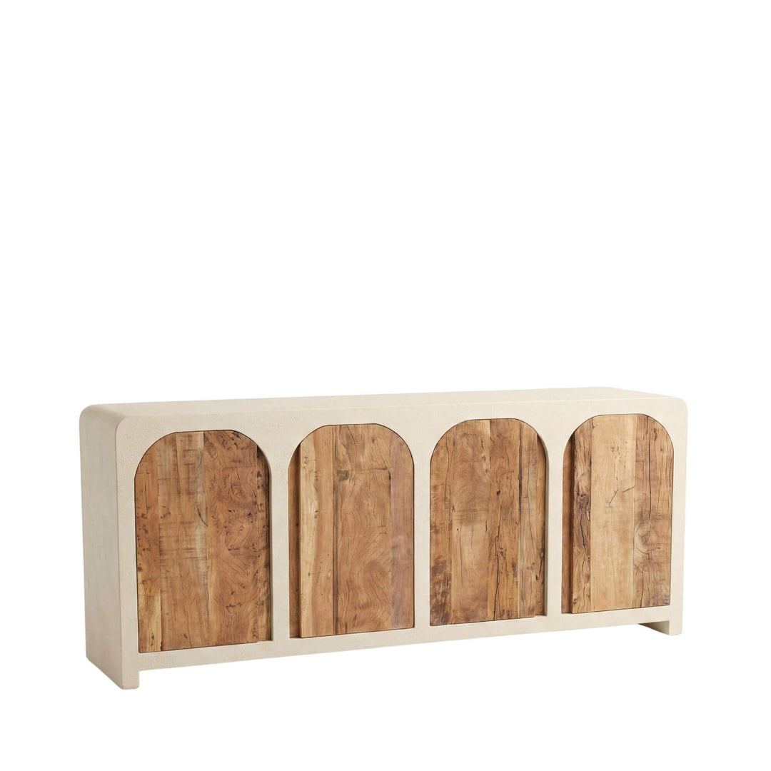 Front angled view of the buffet highlighting its architectural shape and reclaimed wood door panels.