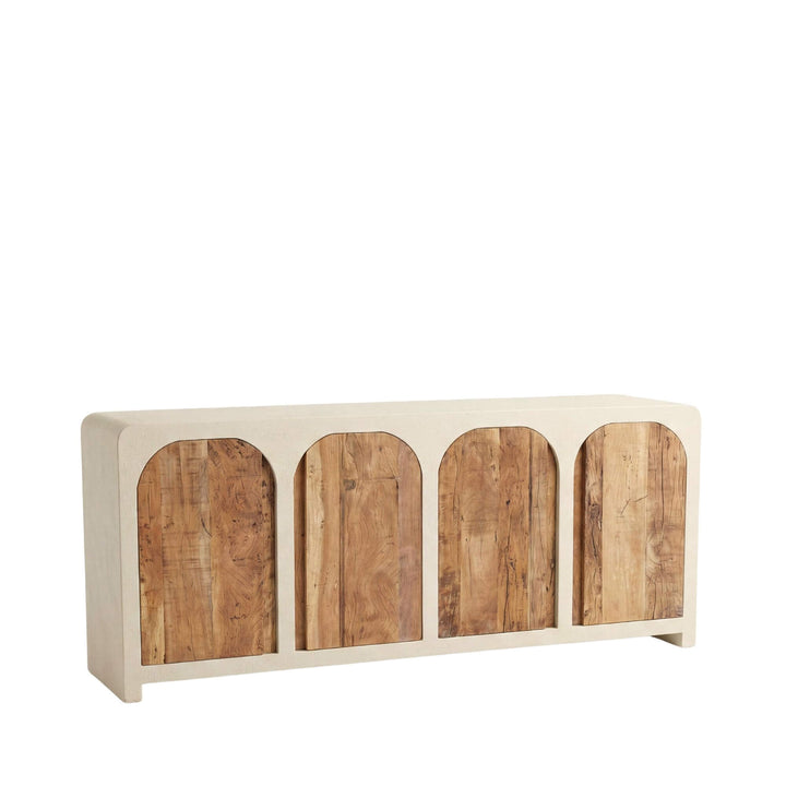 Front angled view of the buffet highlighting its architectural shape and reclaimed wood door panels.
