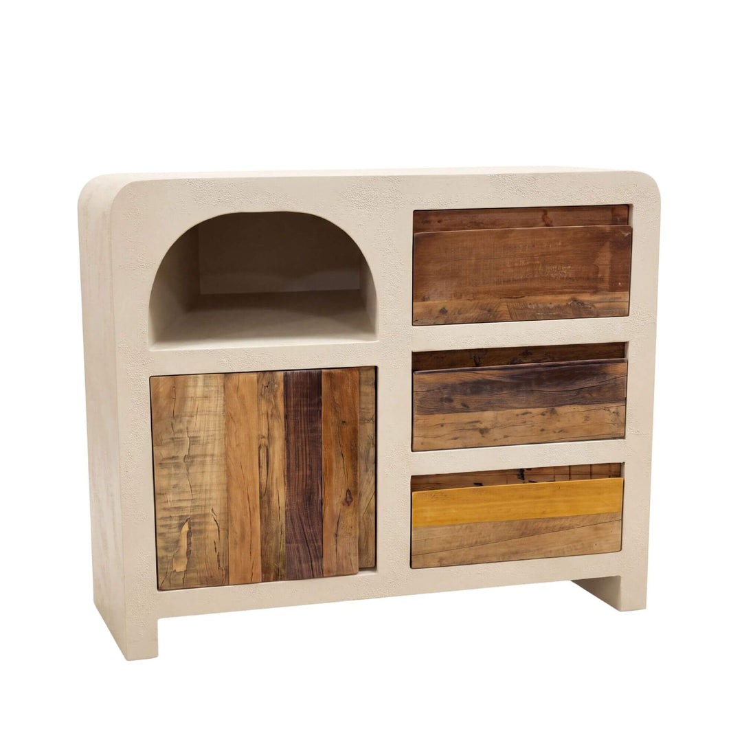 Angled view of the Creta storage buffet showing its open niche, wooden doors, and three drawers