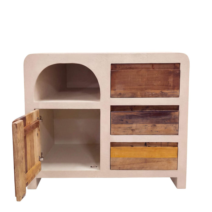 Creta buffet with cabinet door open revealing its practical interior storage compartment