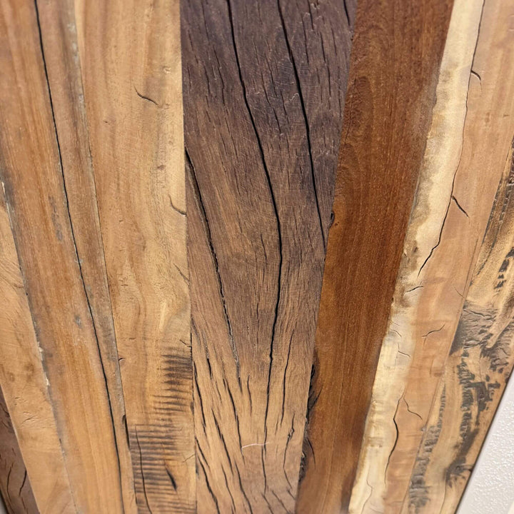 Close-up of the Creta buffet highlighting the varied tones, grain, and natural markings of recycled wood