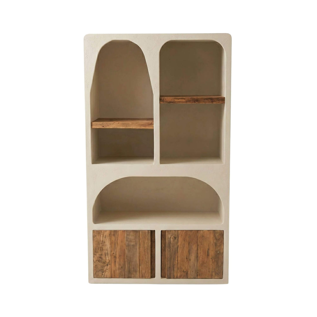 Front view of the Creta display cabinet showing its cement frame, arched shelves, and recycled wood doors.