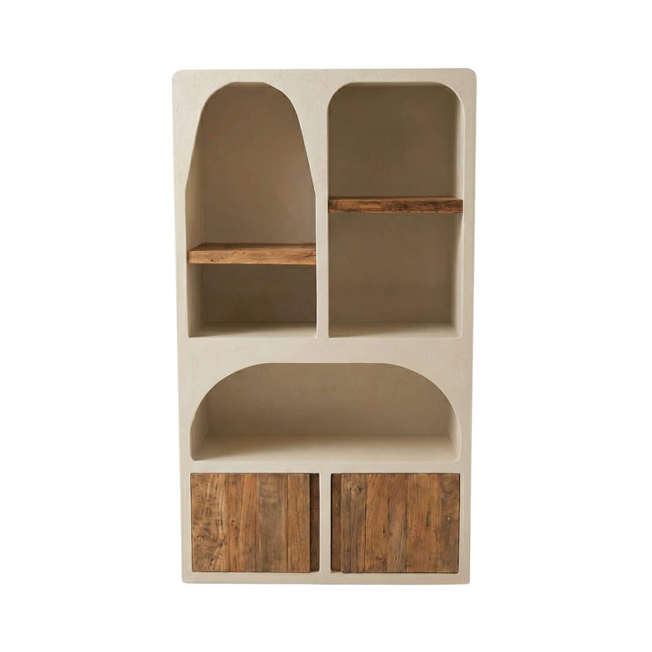 Front view of the Creta display cabinet showing its cement frame, arched shelves, and recycled wood doors.