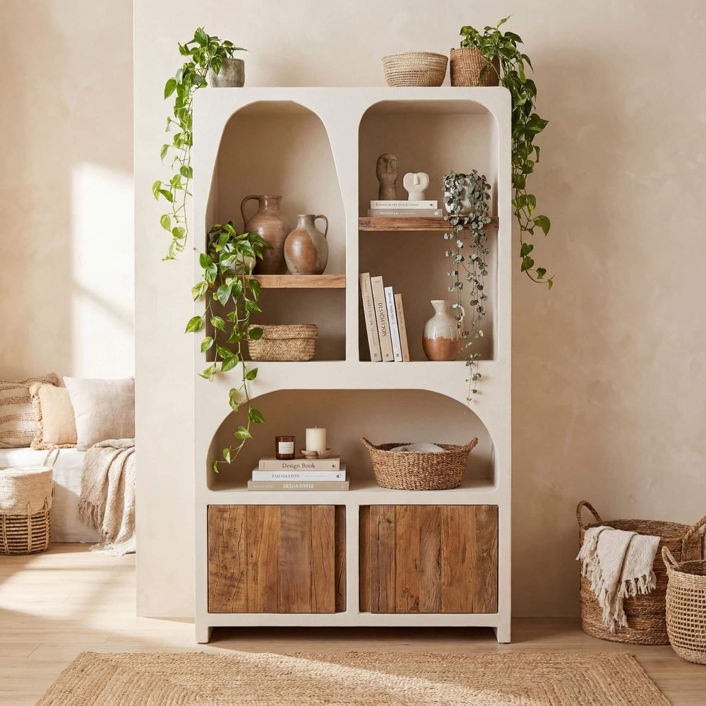 Styled interior setting featuring the Creta display cabinet with decorative objects in a warm Mediterranean-inspired space.
