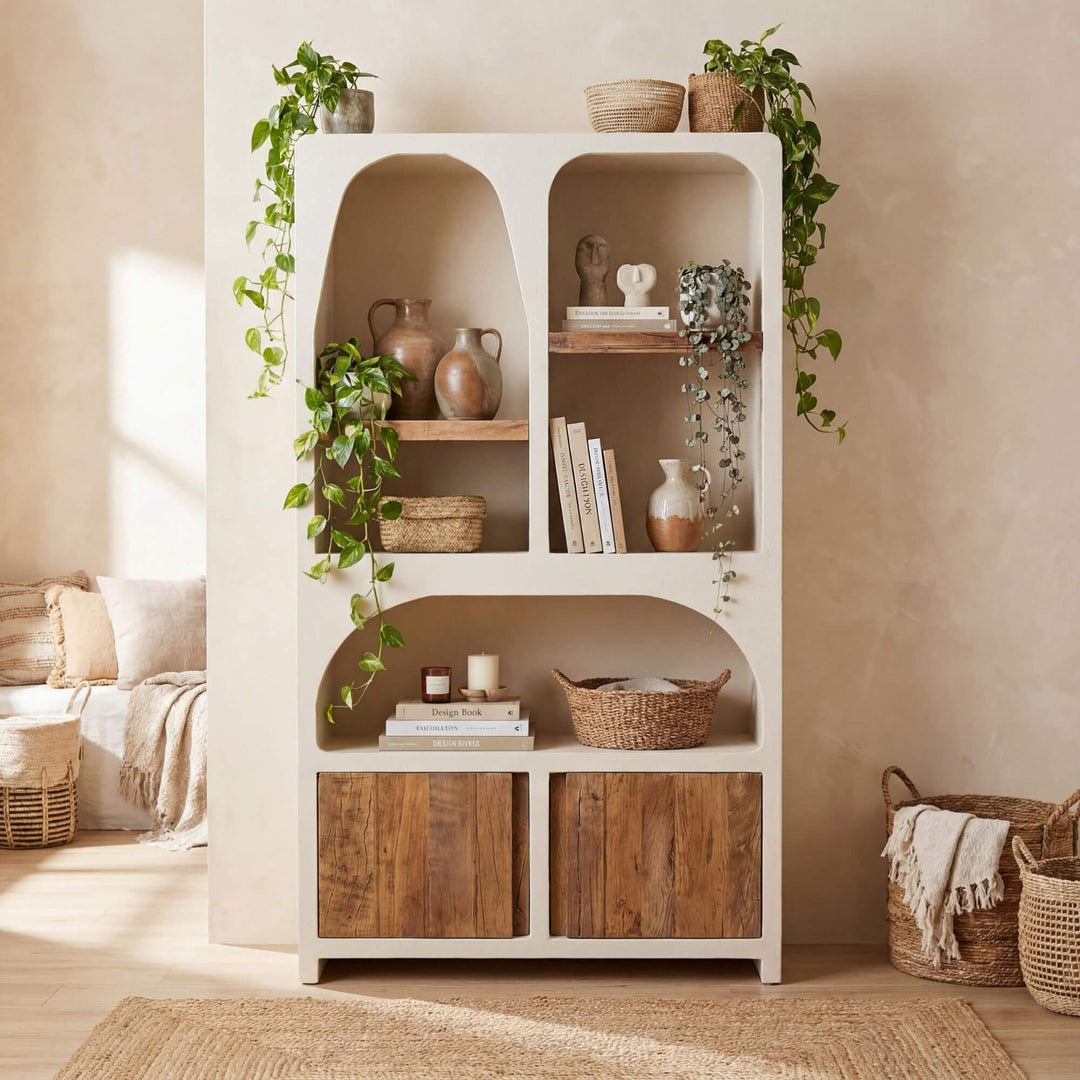 Styled interior setting featuring the Creta display cabinet with decorative objects in a warm Mediterranean-inspired space.