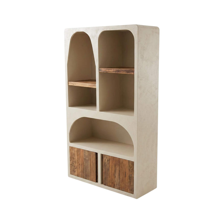 Front angled view of the cabinet highlighting its architectural shape and open display shelves.