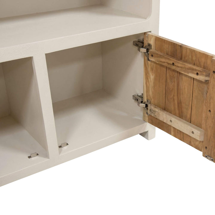 Open cabinet view showing the lower storage compartment behind the recycled wood doors.