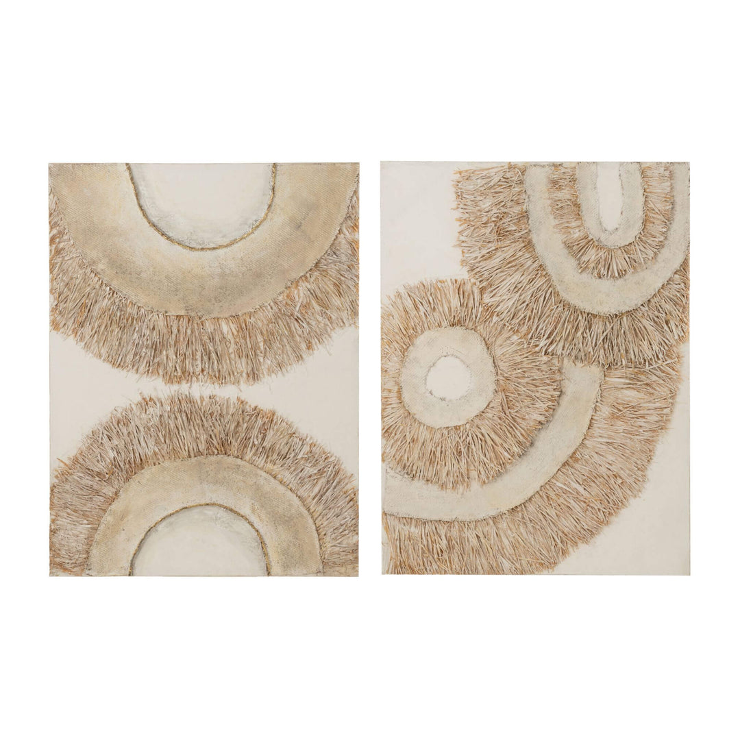 Creta Painting abstract art pieces with circular patterns and beige fringes on a white background