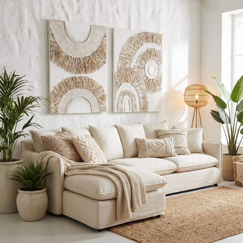 Styled living room setting featuring the Creta artwork above a sofa in a warm natural interior.