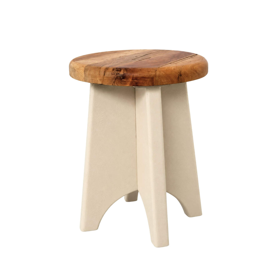 Front angled view of the Creta side table with a round recycled wood top and warm off-white cement base