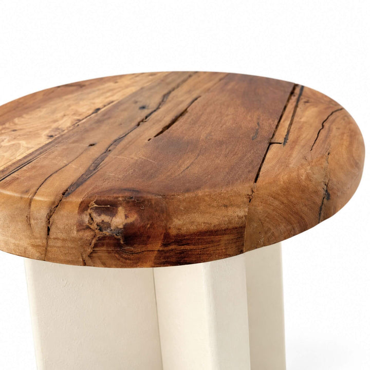 Close-up of the Creta side table highlighting the recycled wood grain, natural cracks, and warm tonal variations