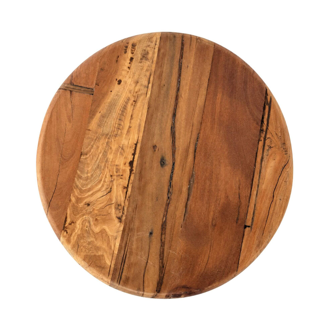 1. Top view of the Creta side table showing the circular recycled wood surface and expressive natural grain