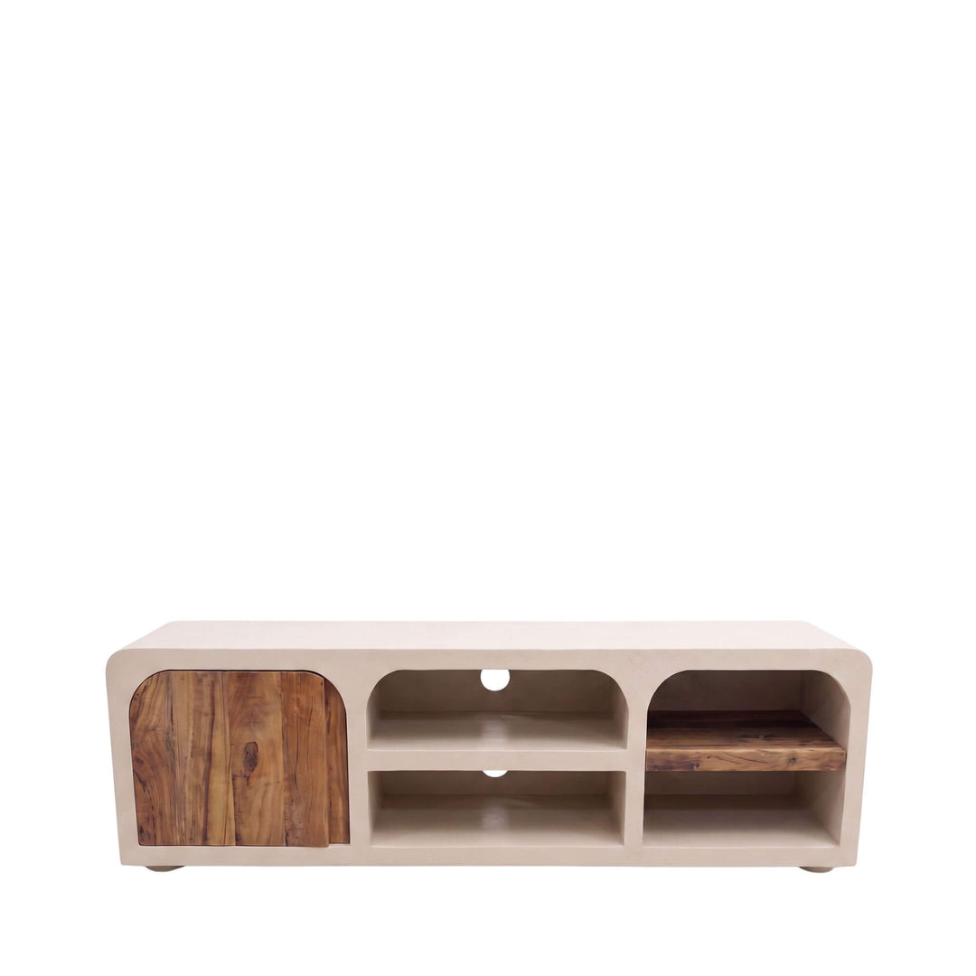 Front view of the Creta TV console with a warm beige cement frame, recycled wood door, and open shelving