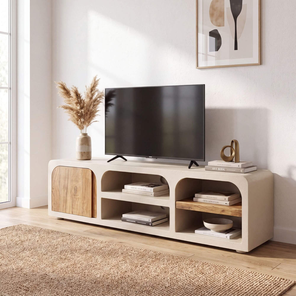 Creta TV console styled beneath a television in a warm neutral Mediterranean living room