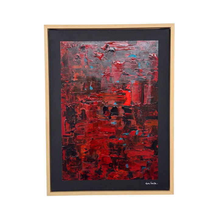 Front view of the Crimson Echo Painting I by Manuel Pereyra with layered red, black, grey, and turquoise abstract textures