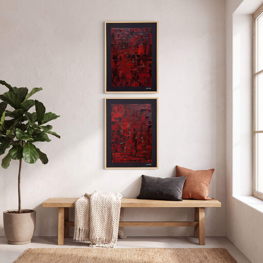 Crimson Echo Painting I displayed as part of a bold gallery wall in a warm contemporary interior