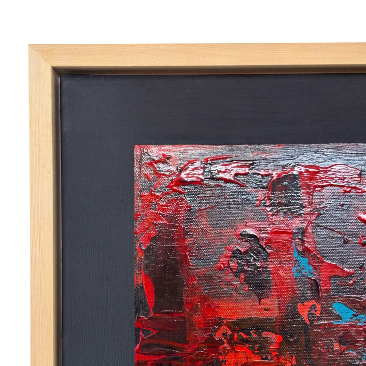 Close-up of the Crimson Echo artwork showing its layered mixed-media texture and expressive red brushwork