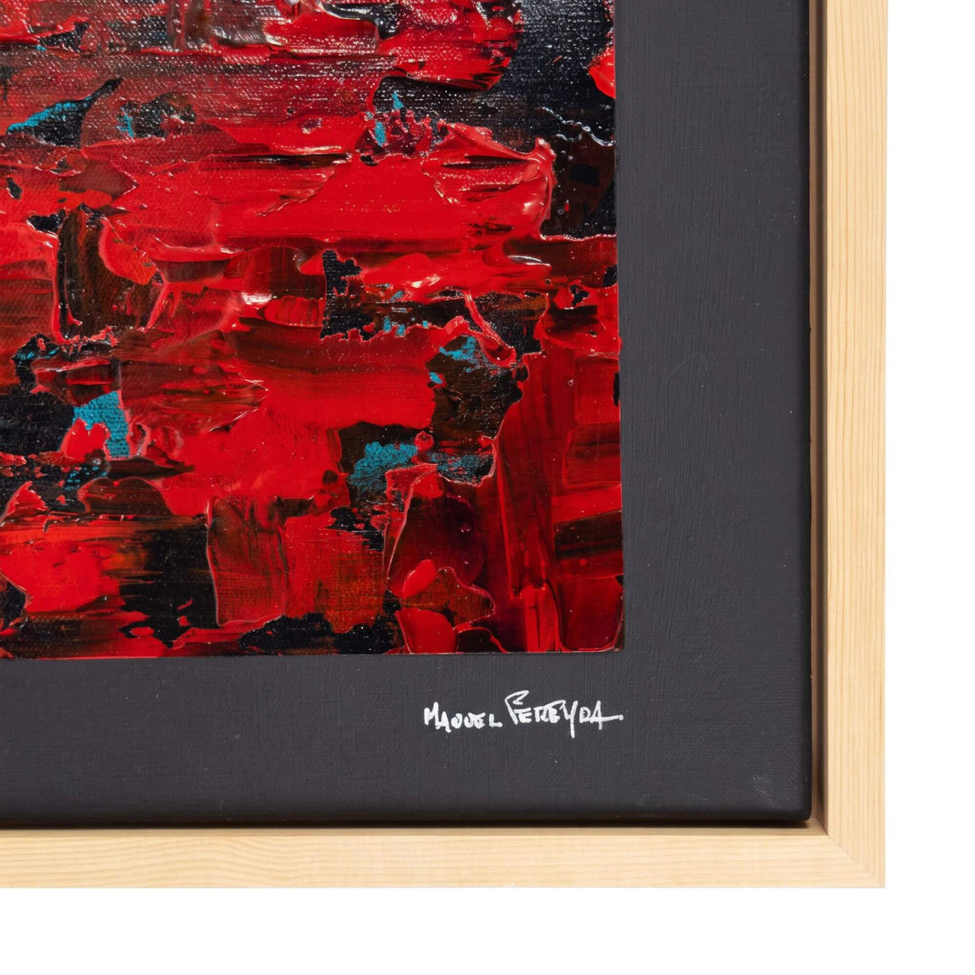 1. Close-up of the Crimson Echo Painting I highlighting the artist signature, dark inner border, and natural wood frame