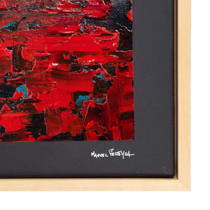 1. Close-up of the Crimson Echo Painting I highlighting the artist signature, dark inner border, and natural wood frame