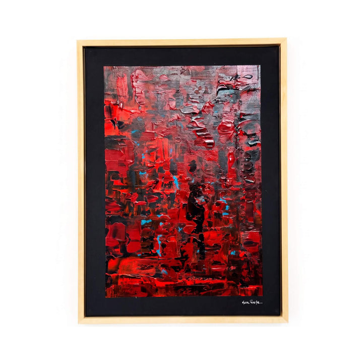 Front view of the Crimson Echo Painting II by Manuel Pereyra with layered red, black, grey, and subtle blue abstract textures