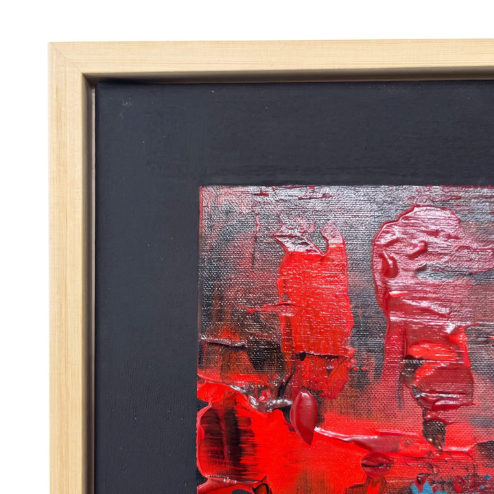 Close-up of the Crimson Echo II artwork showing its textured mixed-media surface and expressive crimson brushwork