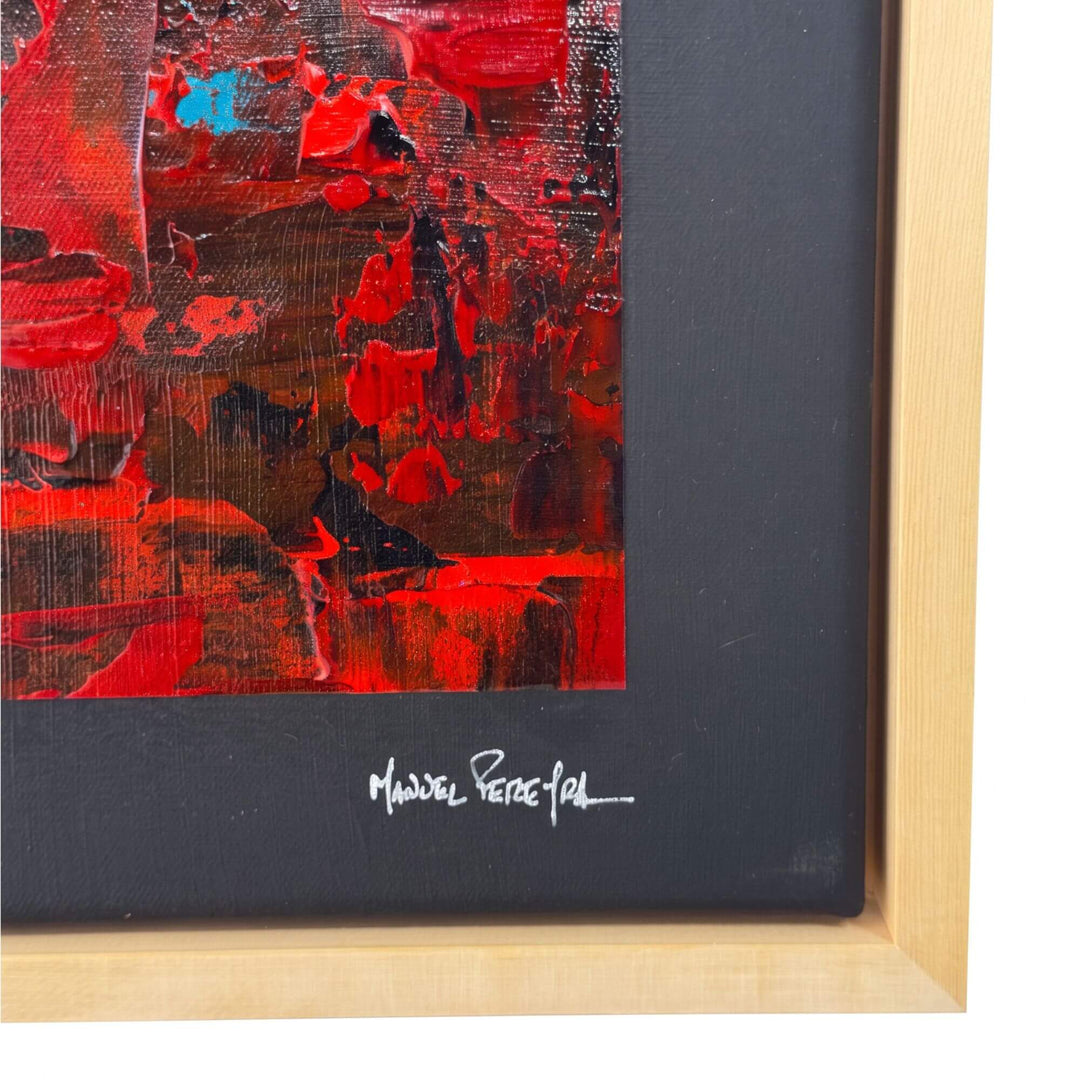 1. Close-up of the Crimson Echo Painting II highlighting the artist signature, dark inner border, and natural wood frame