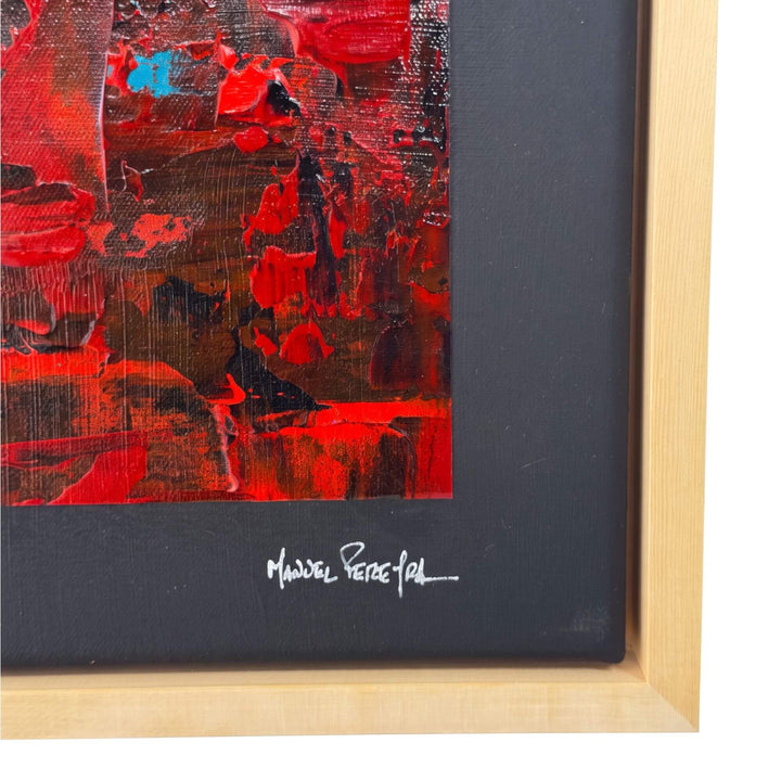 1. Close-up of the Crimson Echo Painting II highlighting the artist signature, dark inner border, and natural wood frame