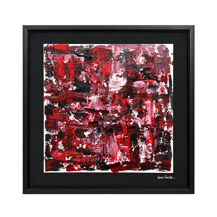 Front view of the Crimson Veil original painting by Manuel Pereyra with layered red, black, white, and burgundy abstract textures