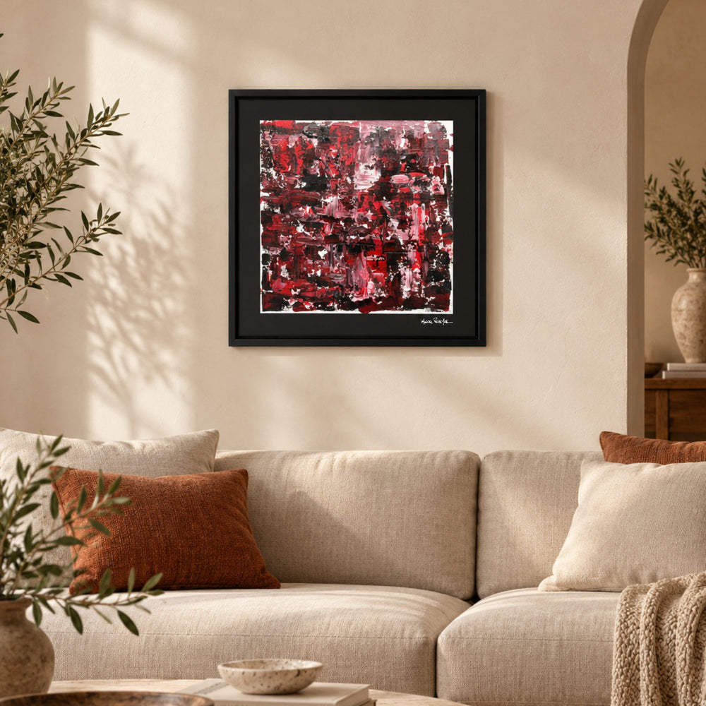 Crimson Veil painting by Manuel Pereyra displayed above a neutral sofa in a warm contemporary living room