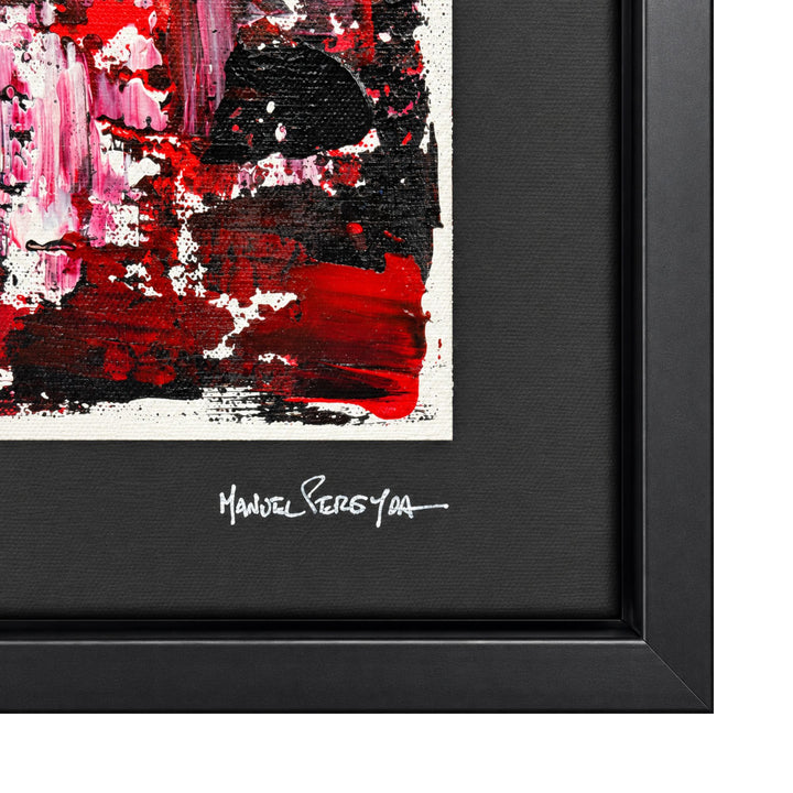 Close-up of the Crimson Veil artwork showing the textured mixed-media surface, black border, and artist signature