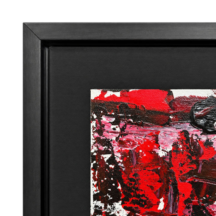 1. Close-up of the Crimson Veil painting highlighting the expressive crimson, black, and white layered brushwork